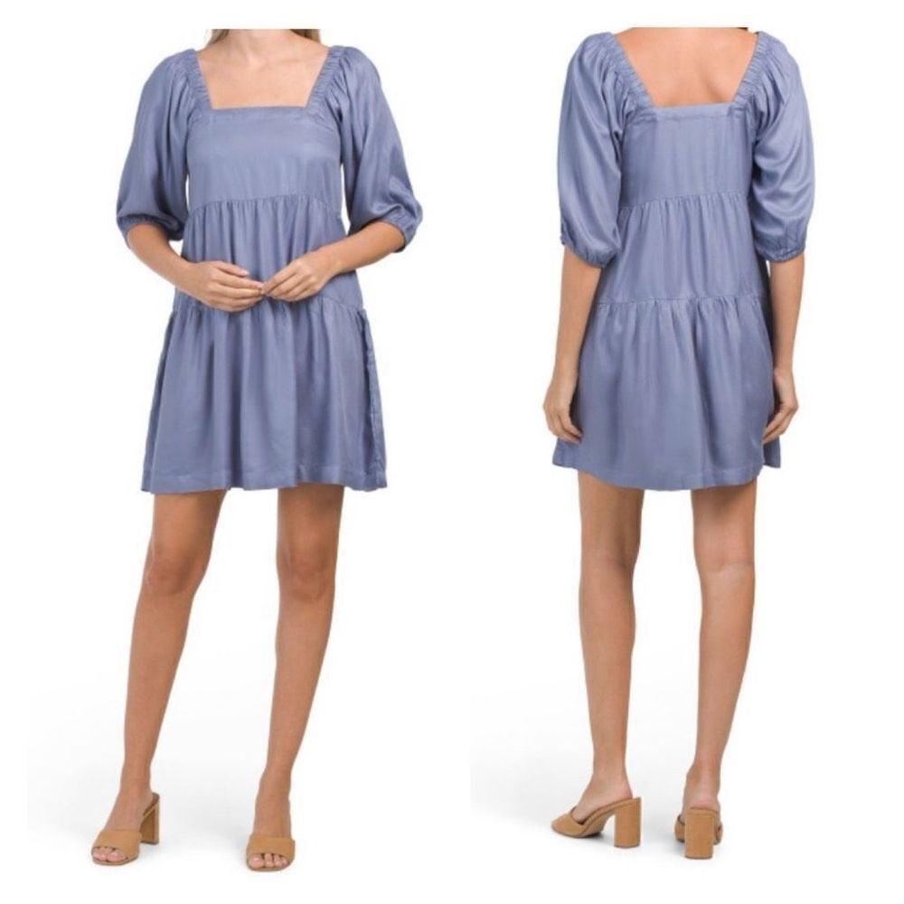 NWT Beyond Words Womens Square Neck Puff Sleeves Tiered Mini Dress purple Medium